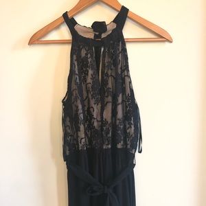 BLACK AND NUDE JUMPSUIT WITH BLACK LACE DETAIL